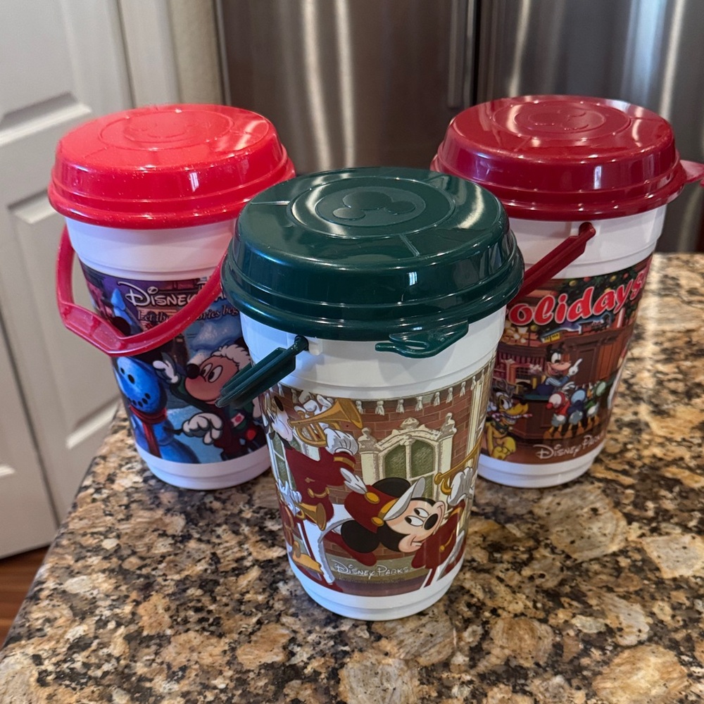 Disney Parks Holiday Popcorn Buckets w Matching Lids. (3)